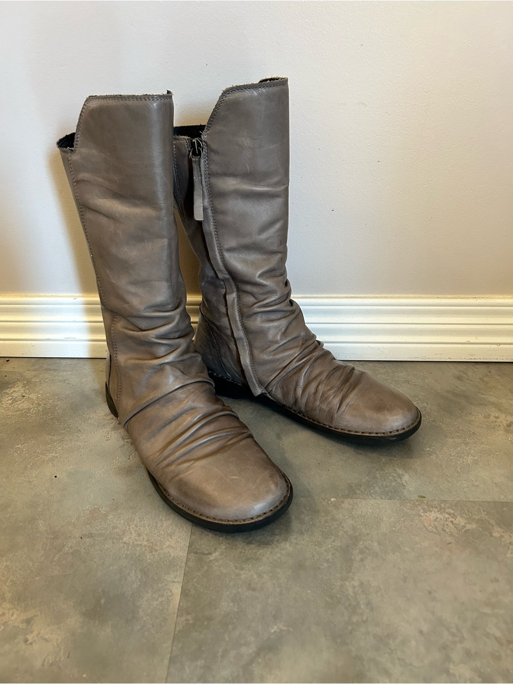 Miz Mooz Pleasant -ruched grey leather mid calf zip boots
